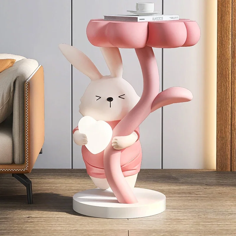 Home Decor Flower Shape Rabbit Statue Modern Living Room Decorative Cartoon Animal Side Table Bedroom Decoration Art Nightstand