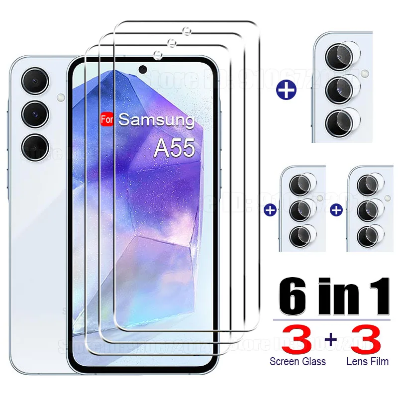 Verre avant 9H 6 en 1 pour Samsung Galaxy A55 A54 5G, film d'objectif pour Samsung A53 A52 A51 A31 A32 A35 A52S A34 A33, protecteurs d'écran