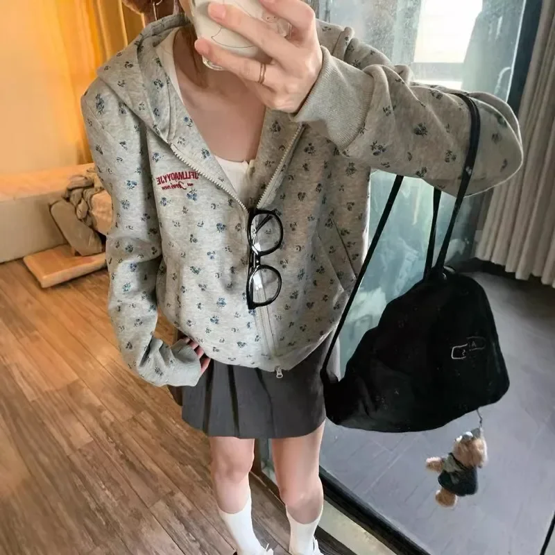 

American retro Print pattern Hooded Zipper Sweatirt Women's Hiphop Casual Versatile loose Spring Autumn Winter College Outfit