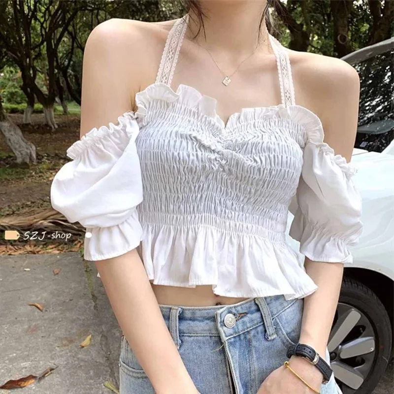 Lace Halter Blouses Women Hotsweet Slim Crop Tops Summer New Backless Fashion Streetwear Korean Style Casual Party Age-reducing