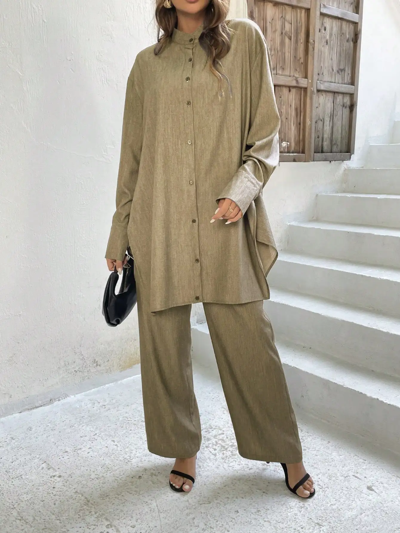 Casual Oversized Two Piece Set Women Khaki Pants Set Asymmetrical Shirts Female Streetwear