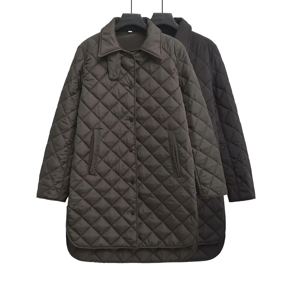 

Winter new women's loose and simple warm button diamond grid pattern quilted medium long cotton jacket