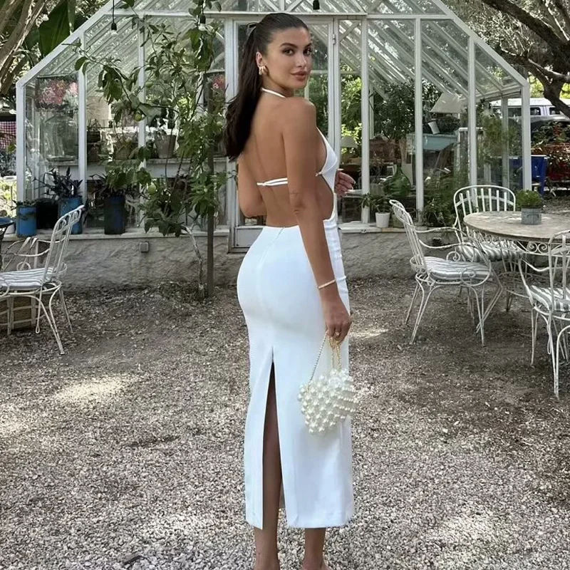 TRAF-Robe mi-longue évidée pour femme, licou blanc, coupe couvertes, dos nu, robes élégantes et belles, été, 2024