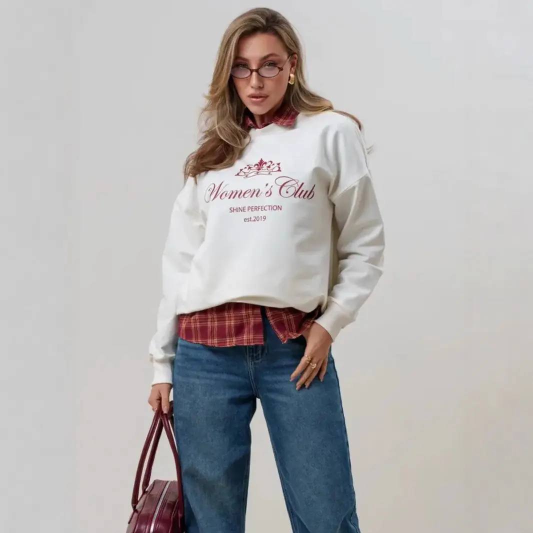 Russe élégant rétro lettres impression blanc pull col rond sweats ample surdimensionné Hip Hop Y2K haut Streetwear jeunes femmes