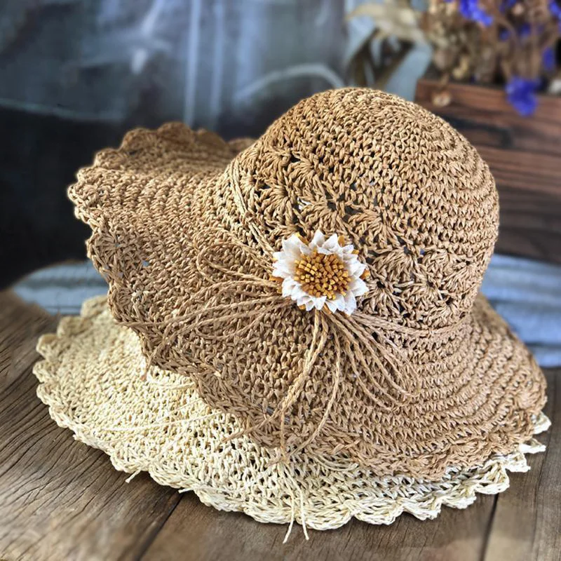 Collapsible Straw Hat Women's Summer Small Fresh Basin Hat Beach Trip Holiday Shade Flower Beach Hat