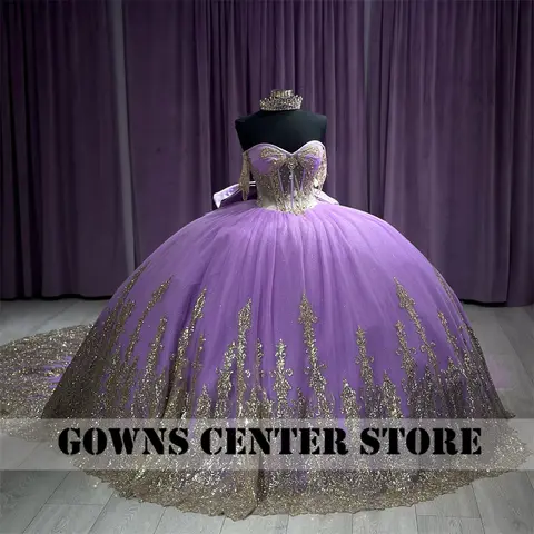 Lila Korsett Quinceanera Klänningar Bara Axlar Pärlor Guld Spets Applikationer Rosett Volanger Balklänning Mexikansk Prinsessa Anpassad 10 best sales lila balklänning - №7