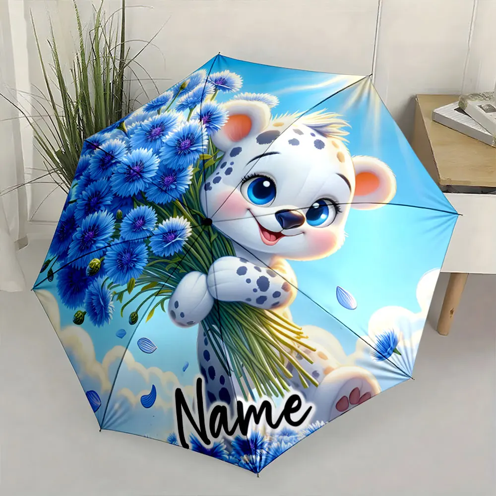Custom Name  Adorable Leopard Holding Blue Flowers Umbrella Print 8 Iron Ribs Folding Umbrella Auto-Open Fashion Sunshade