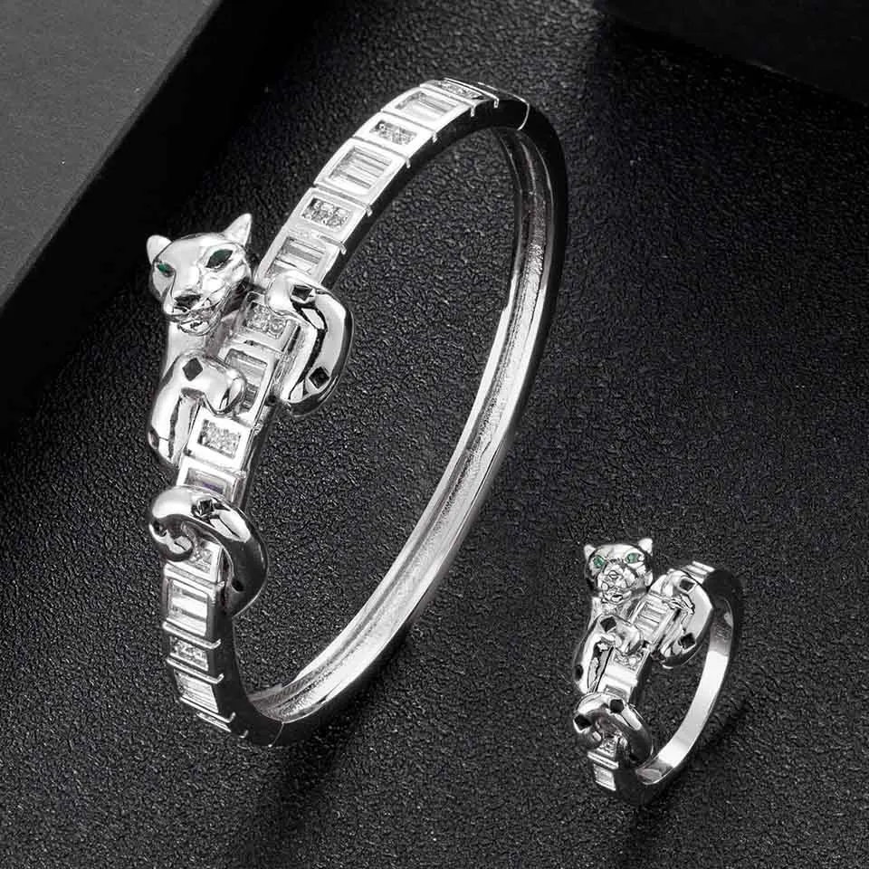 

Zlxgirl jewelry AAA T shape cubic zircon leopard bangle with ring jewelry sets of women bridal bijoux set animal bracelet aneis