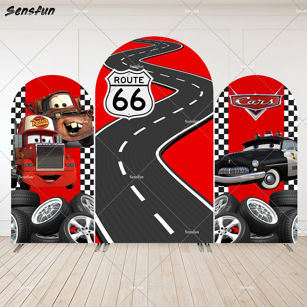 

Custom Doubleside Racing Mcqueen Cars Boy First Birthday Arched Backdrop Cover Party Decors Supplies Route 66 Road Banner Wall