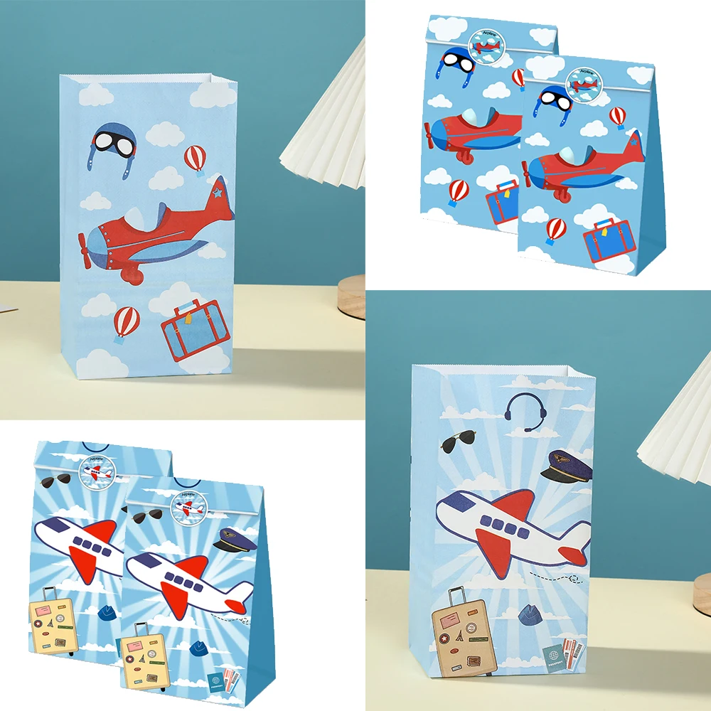 Airplane Birthday Party Paper Candy Bag with Sticker Cartoon Plane Gift Goodies Bags Kids Aviator Flight Theme Party Decorations