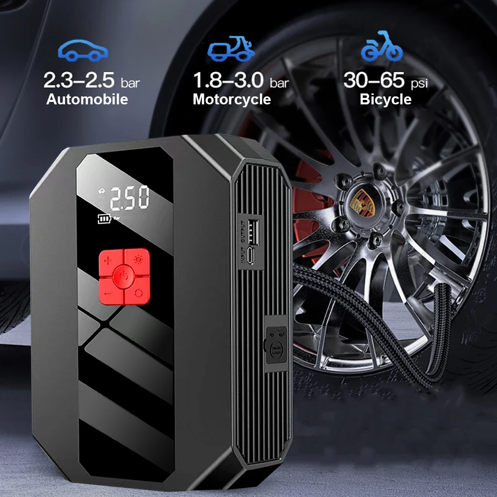 GKFLY Car Emergency Start Power Supply Digital Display Air Pump 4-in -1 All-in-one Machine, Multi-function Jump Starter Booster