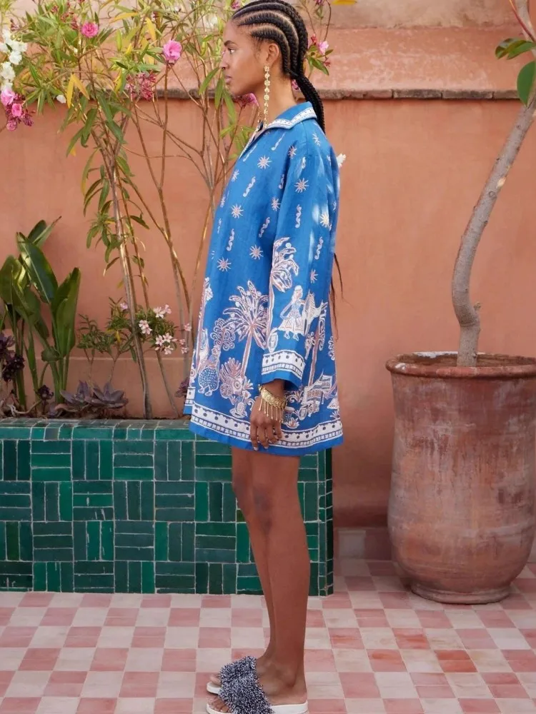 Langarm Drucken Böhmen A-Line Kleid Frauen V-ausschnitt Sexy Club Mini Kleider 2026 Frühling Sommer Dünne Stretchy Party Vestidos