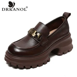 DRKANOL, mocasines de piel auténtica para mujer, primavera otoño 2026, tacón alto grueso, plataforma gruesa hecha a mano, zapatos informales de tendencia de Metal Retro