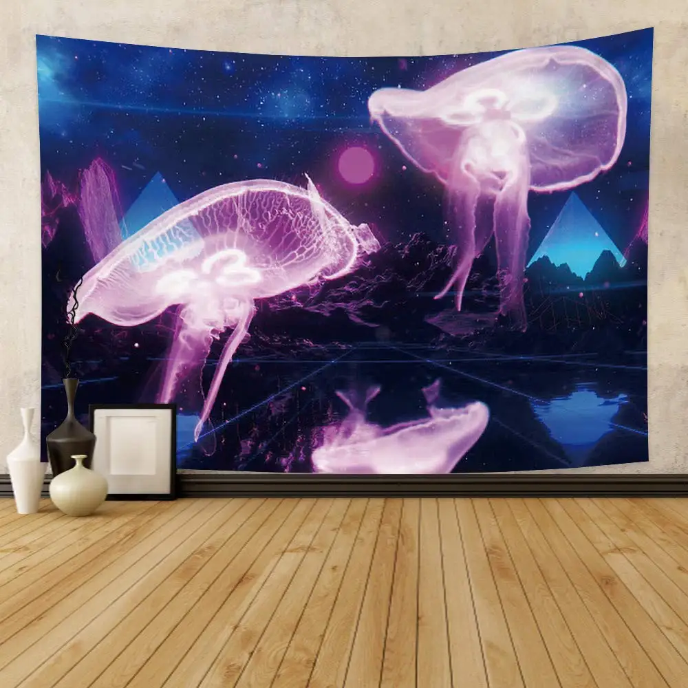 Fantasy Jellyfish Tapestry Universe Colorful Marine Life Tapestry Blue Purple Galaxy Space Tapestries Bedroom Dorm Living Room