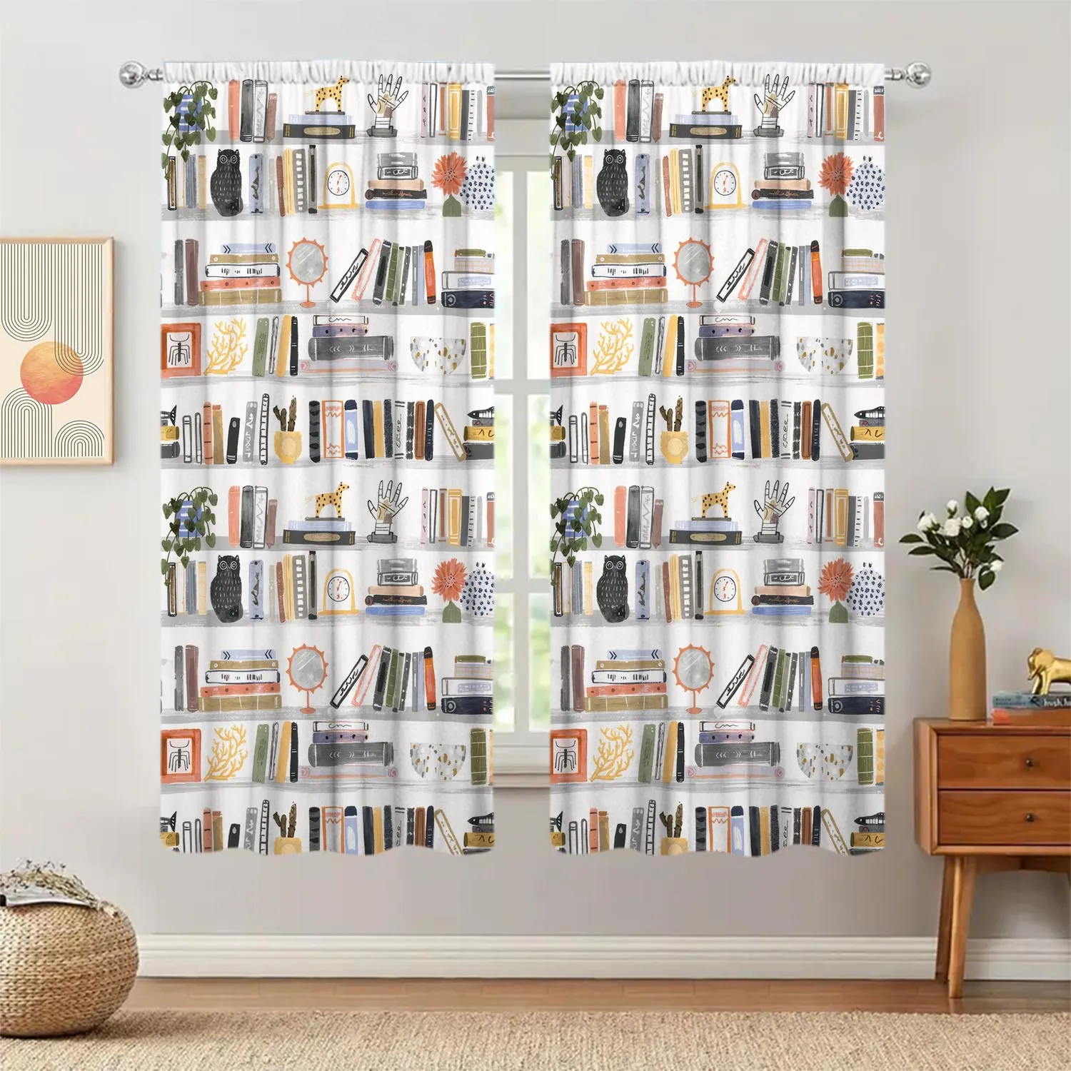 Vintage Bookshelf Curtains, Library Print Drapes, Books Pattern Window Treatment, Study Room Home Decor Blackout