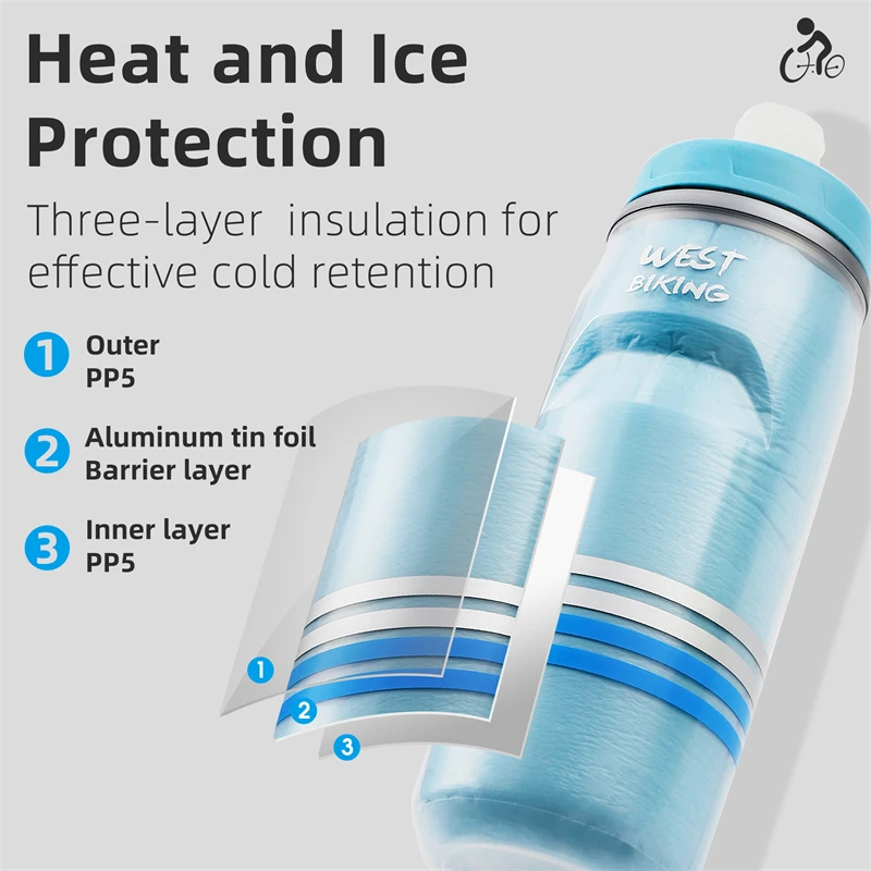 WEST BIKING Cycling Water Bottle Cold Water Insulated Thermal Silicone Bottle Fitnes Outdoor Bicycle Portable 620ml Water Kettle