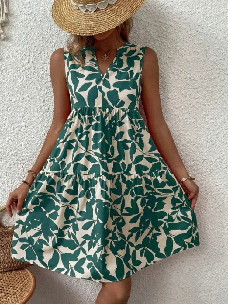 Vrouwen Boho Print Mini-jurk Zomer Elegante Mouwloze V-hals Ruche A-lijn Tankjurk Casual Losse Oversize Beach Party Zonnejurk