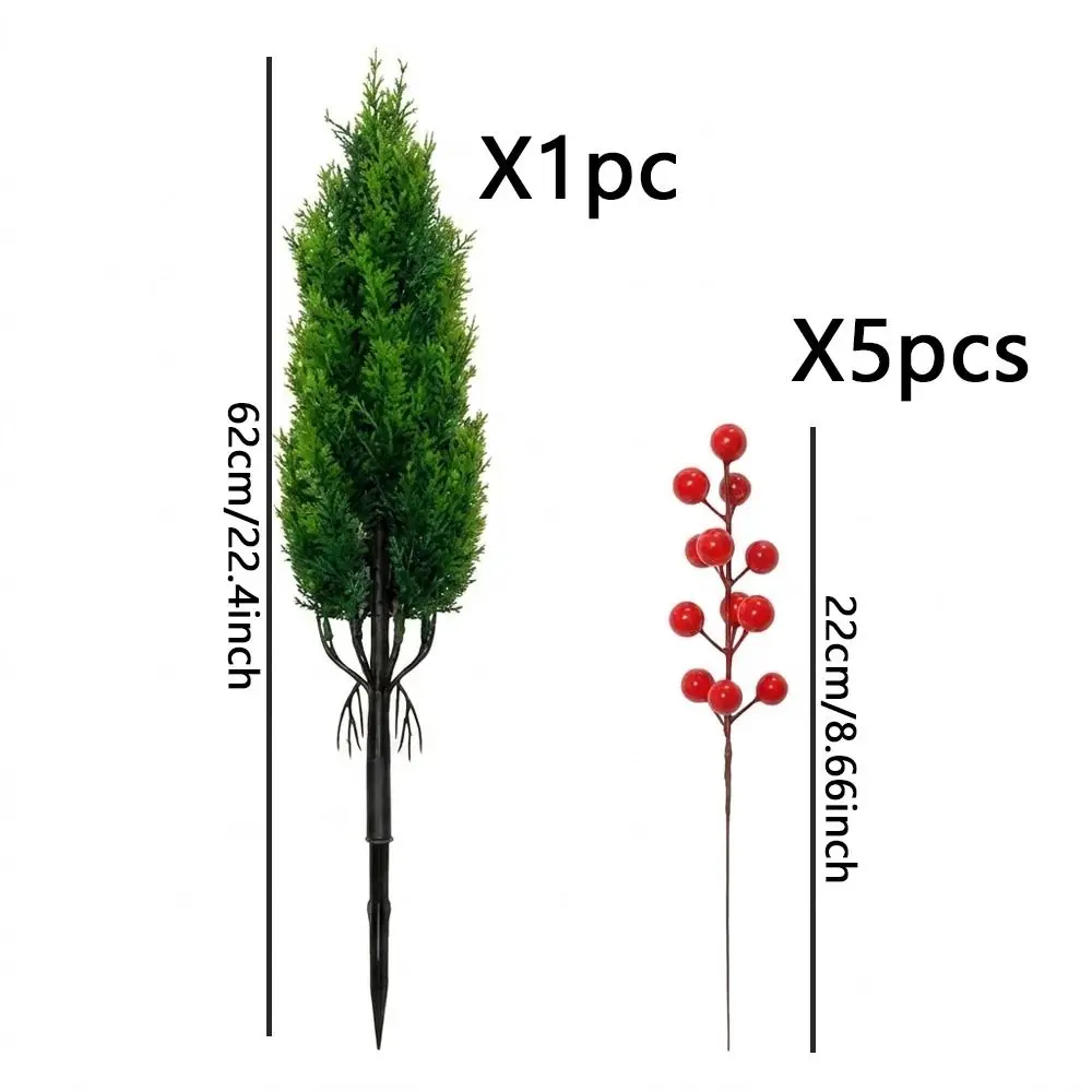 UV Resistant Artificial Red Berries Pine Tree Plastic Realistic Simulation Cypress Branch Stake Sun Rain Resistant Anti-Fade