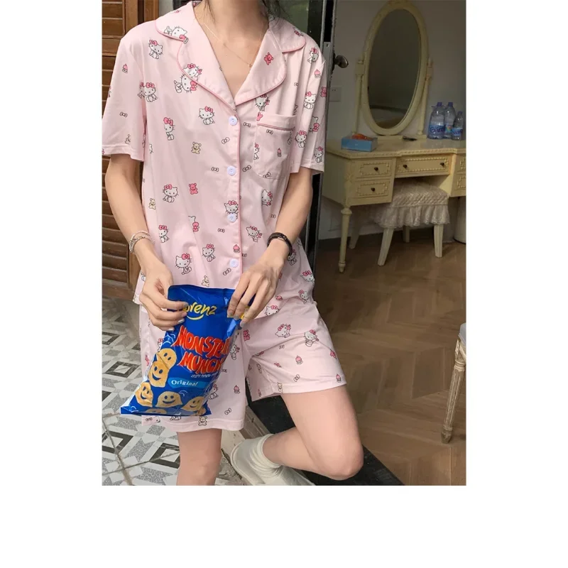 Sanrio Hallo Kitty Sommer Eis Seide Kurzarm Kurz lässig zweiteiligen Anzug Damen Pyjama Home Wear Seiden pyjama für Frauen