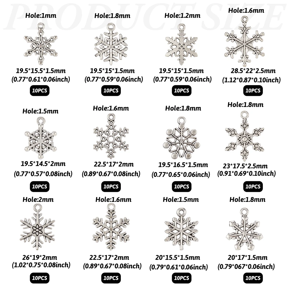 120Pcs Antique Silver Color Snowflake Charms Tibetan Style Alloy Earring Necklace Pendant For DIY Jewelry Making Accessories