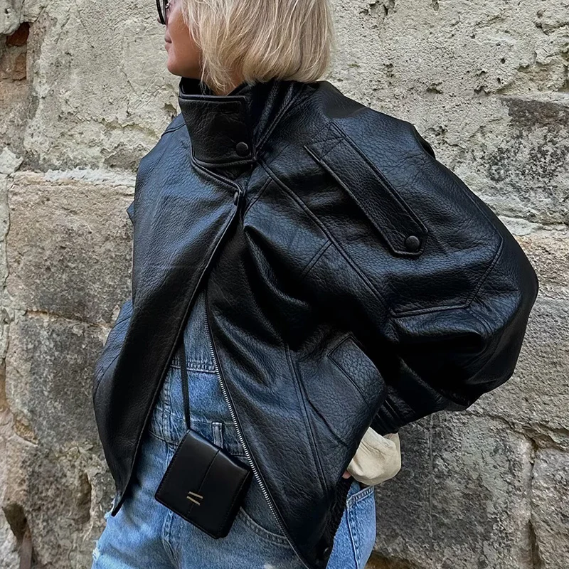Giacca da donna in ecopelle 2025 Giacca da donna con personalità stile motociclista a maniche lunghe nera di nuova moda autunnale