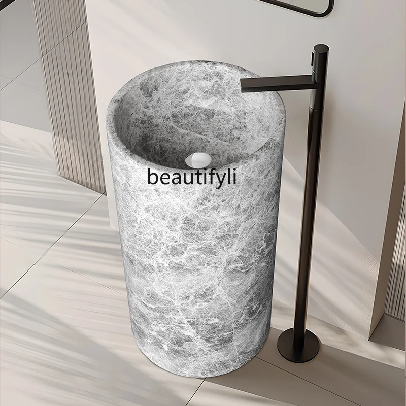 

Natural marble round column basin integrated floor-to-ceiling wash basin hotel large pillar basin washbasin European style