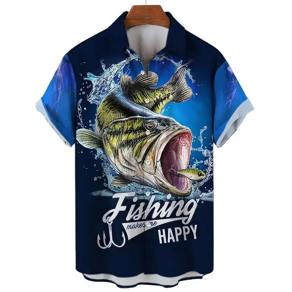 Camisa havaiana masculina estampada para pesca 3D, manga curta casual, camisas grandes e soltas, tops de rua diários, roupas unissex, verão