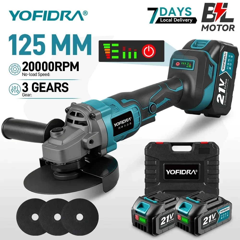 Smerigliatrice angolare elettrica senza spazzole YOFIDRA 125mm, 3 velocità, 20000RPM, per taglio, smerigliatura e lucidatura di legno e metallo, utensile elettrico per batteria Makita 21V