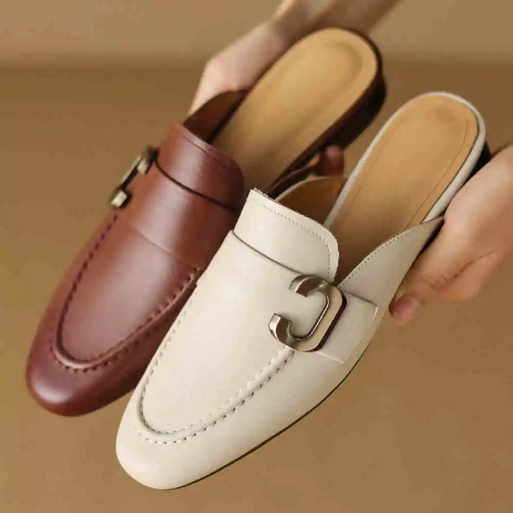 Women\'s genuine leather round toe slip-on flats summer slides casual female soft comfortable mules high quality shoes for women