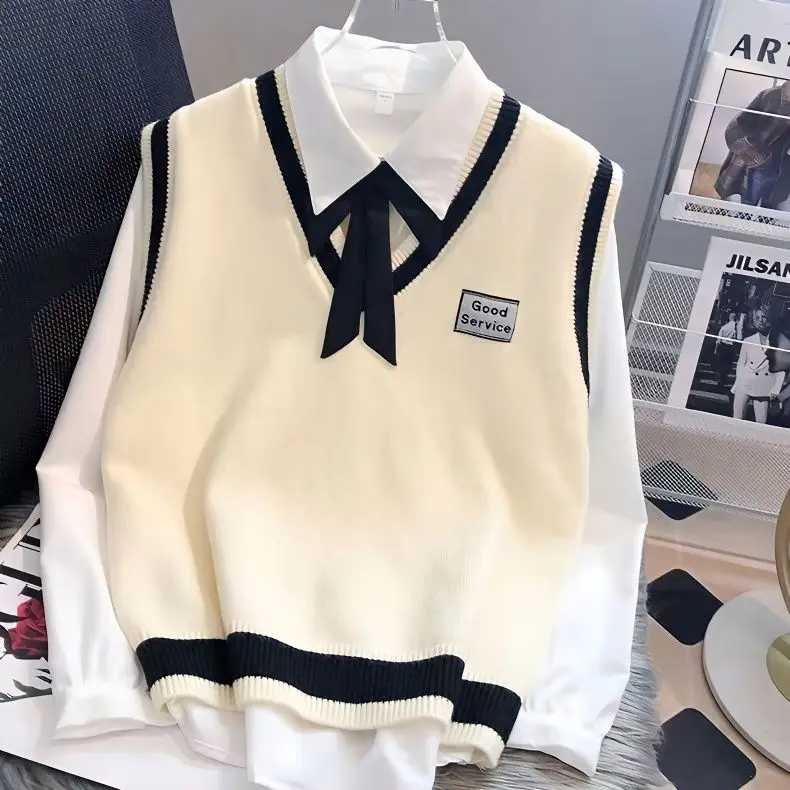 2023 Autumn New Boys and Girls Student Set Korean Loose Long Sleeve Shirt+Embroidered Knitted Vest Two Piece Set