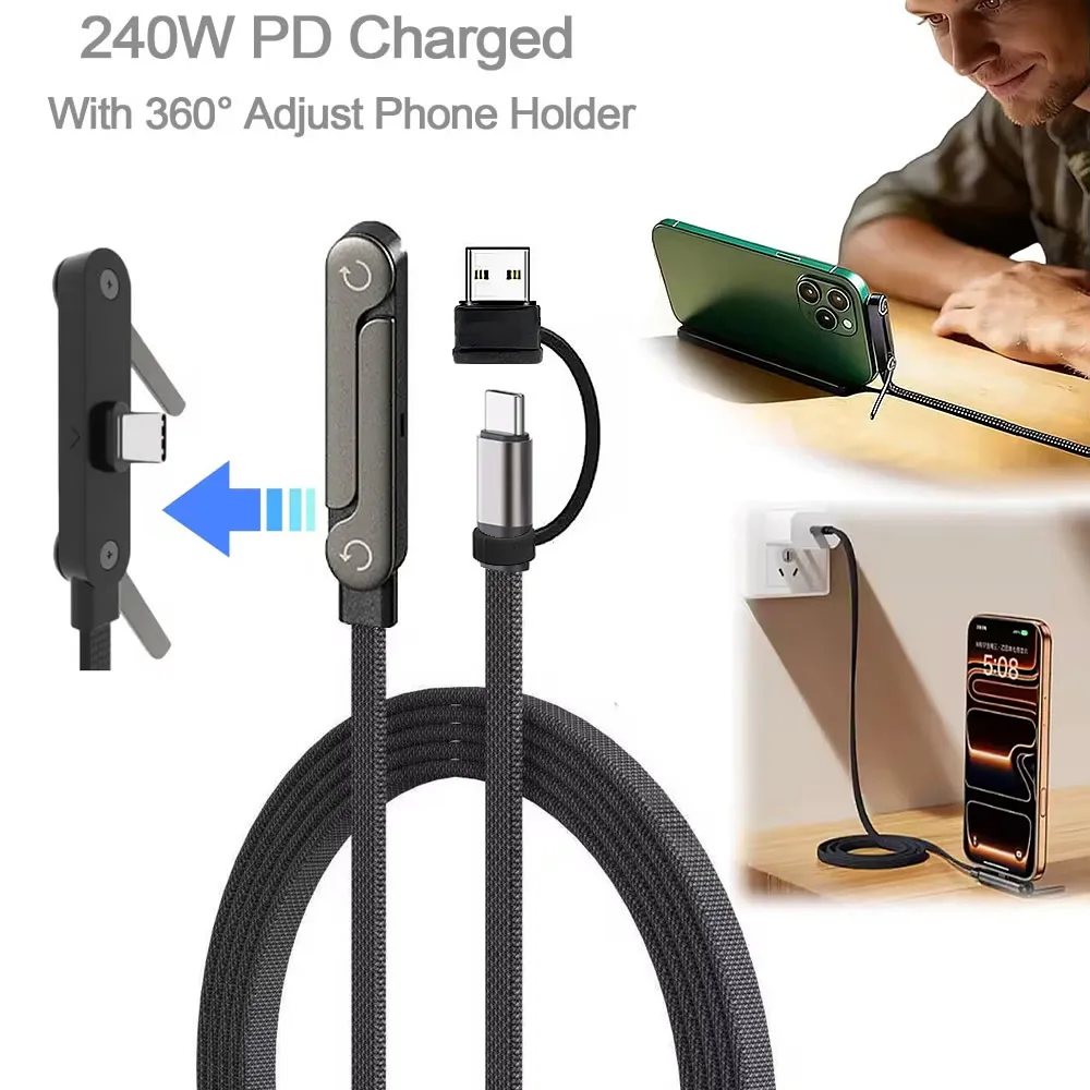 Cable de Carga Rápida USB C a USB C 2 en 1 de 240W con Soporte Plegable, Cable de Datos Tipo C con Base de Carga para iPhone 17 16 Samsung