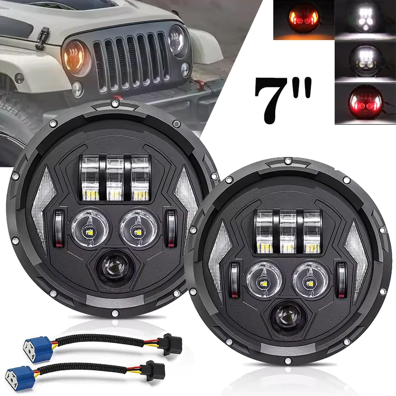

Universal Round 7 Inch LED Headlight H4 Hi-Lo With Halo Angel Eye DOT E9 White Amber DRL For 4x4 Urban Niva Car Accessorie