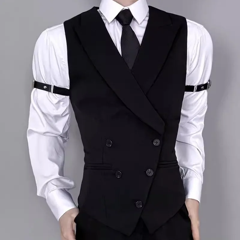 

KIDWHXR Man Waistcoat Vintgae Slim Turn Down Collar Male Suit Vest Simple Double-breasted Breathable Casual Versatile Men Vest