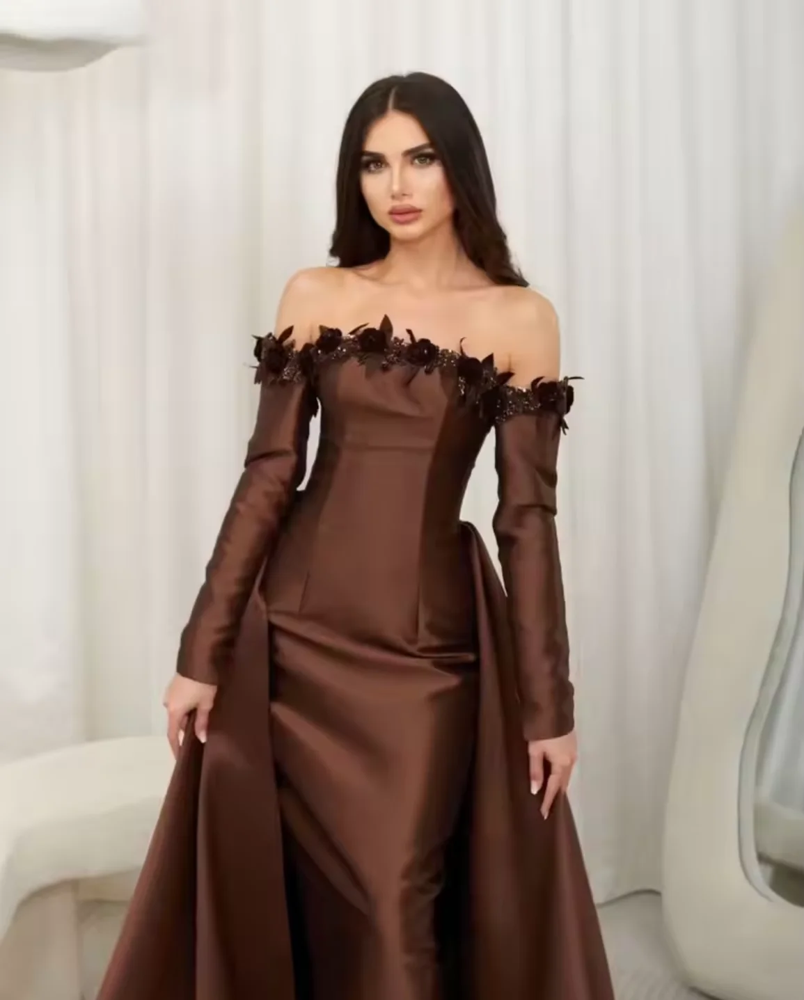 

customized Long Sleeves Prom Dresses Off Shoulder Evening Gowns Floor Length Party Dresses