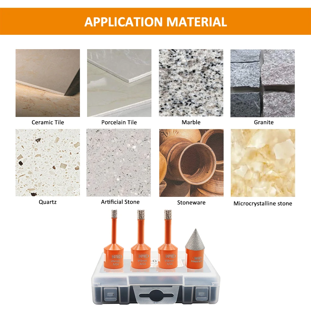BGTEC 4pcs/Box Dia6/8/8mm Diamond Drill Core Bits+Diamond Chamfer Drilling Milling Tile Marble Granite Porcelain M14 Tool Kit