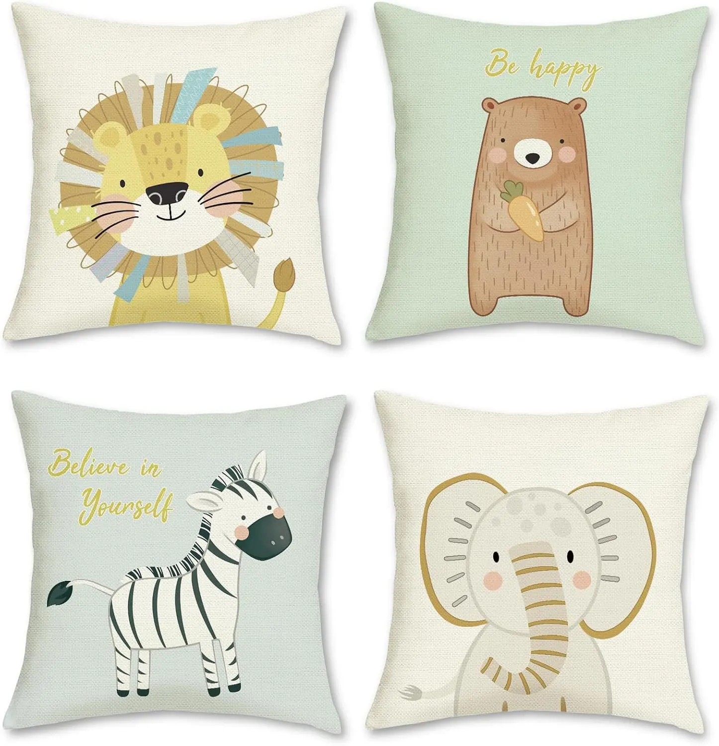 4pcs Cute Cartoon Lion Bear Zebra Elephant Pillow Covers Polyester Cushion Cases Kids Room Decor Throw Pillowcase Set for Sofa