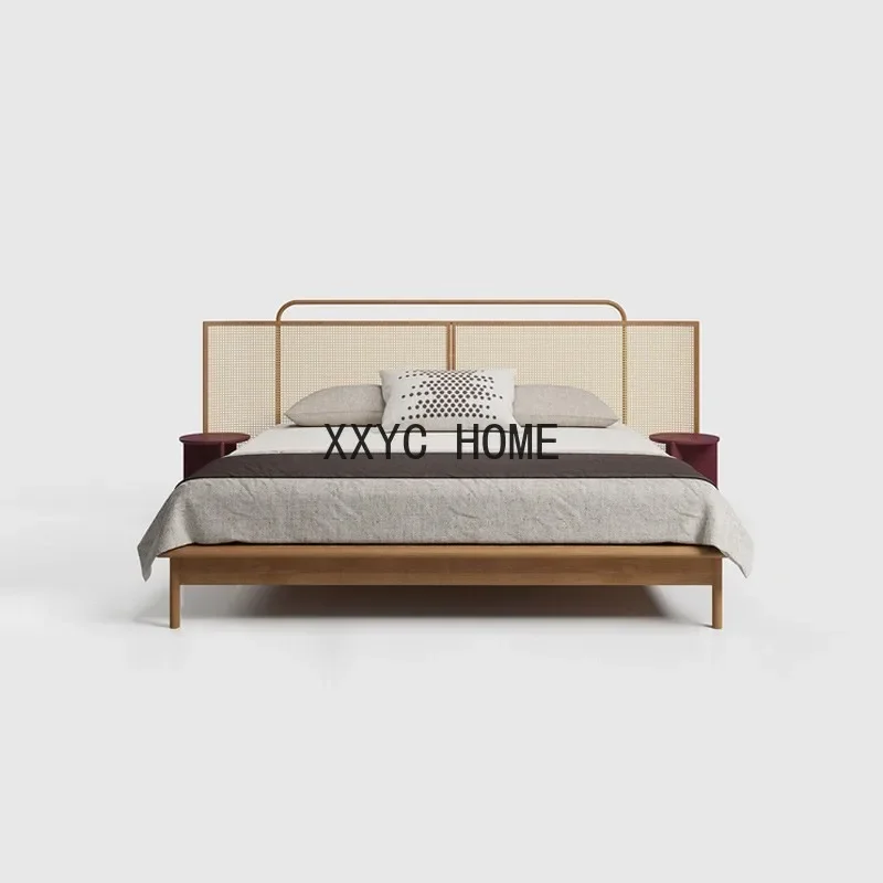 

Rattan bed Solid wood bedeters Log color Simple modern 1.5 Nordic