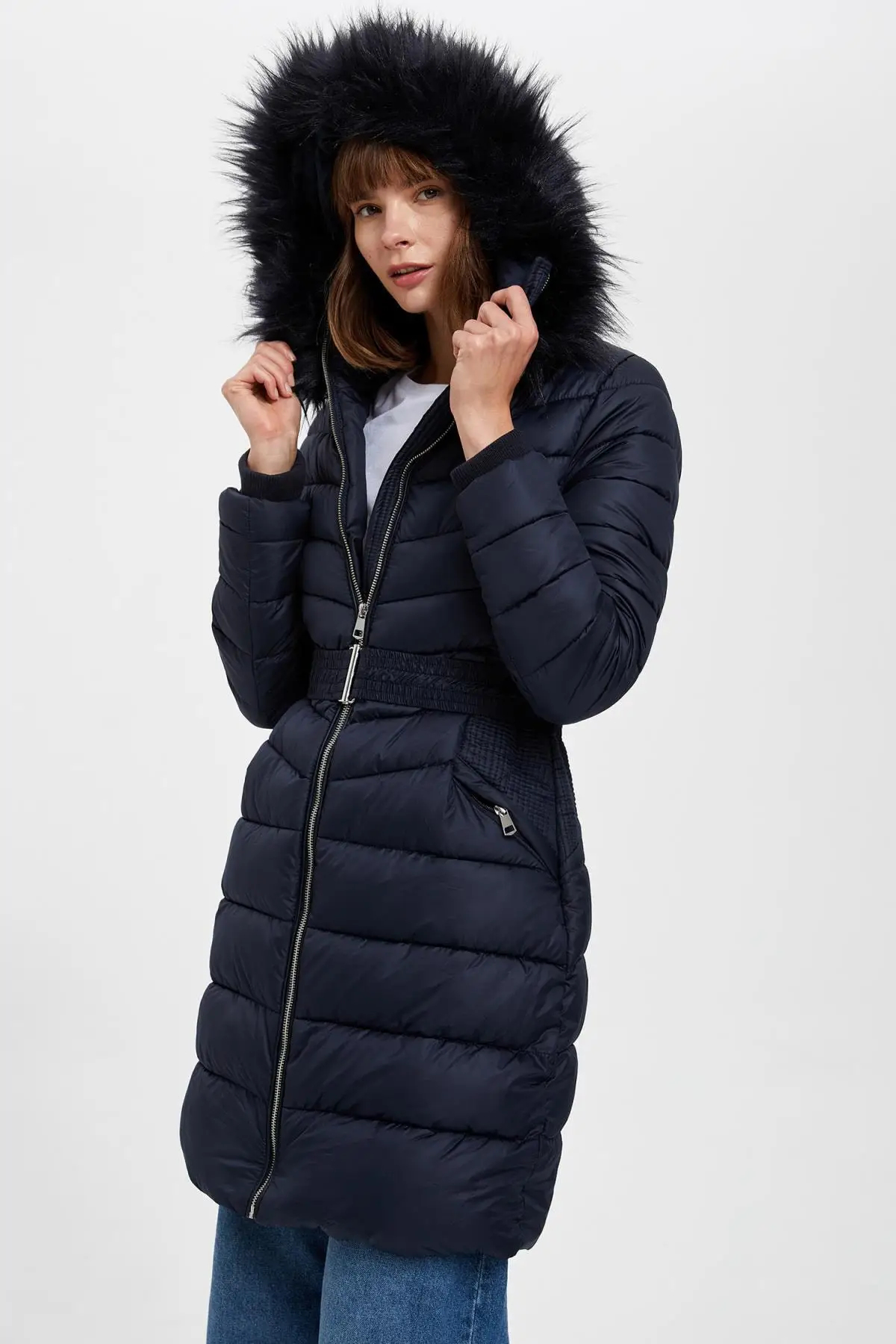 

Women's Belt Zippered Hooded Blue Parka Coat Casual Stylish Fashion Women's Clothing Outdoor Winter Wear Female Blue Parkas