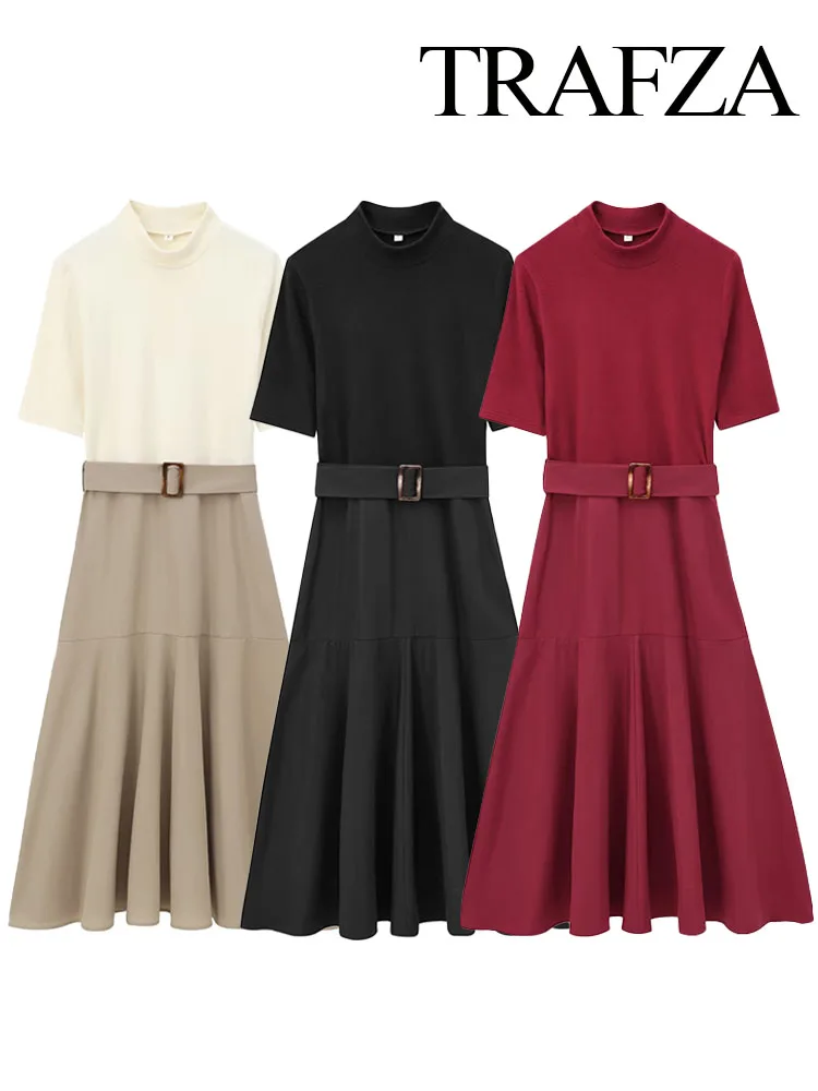 TRAFZA Women New Fashion Dresses Solid O-Neck Half Sleeves Belt Decoration Female Summer Casual Slim Long Dresses 3 Color