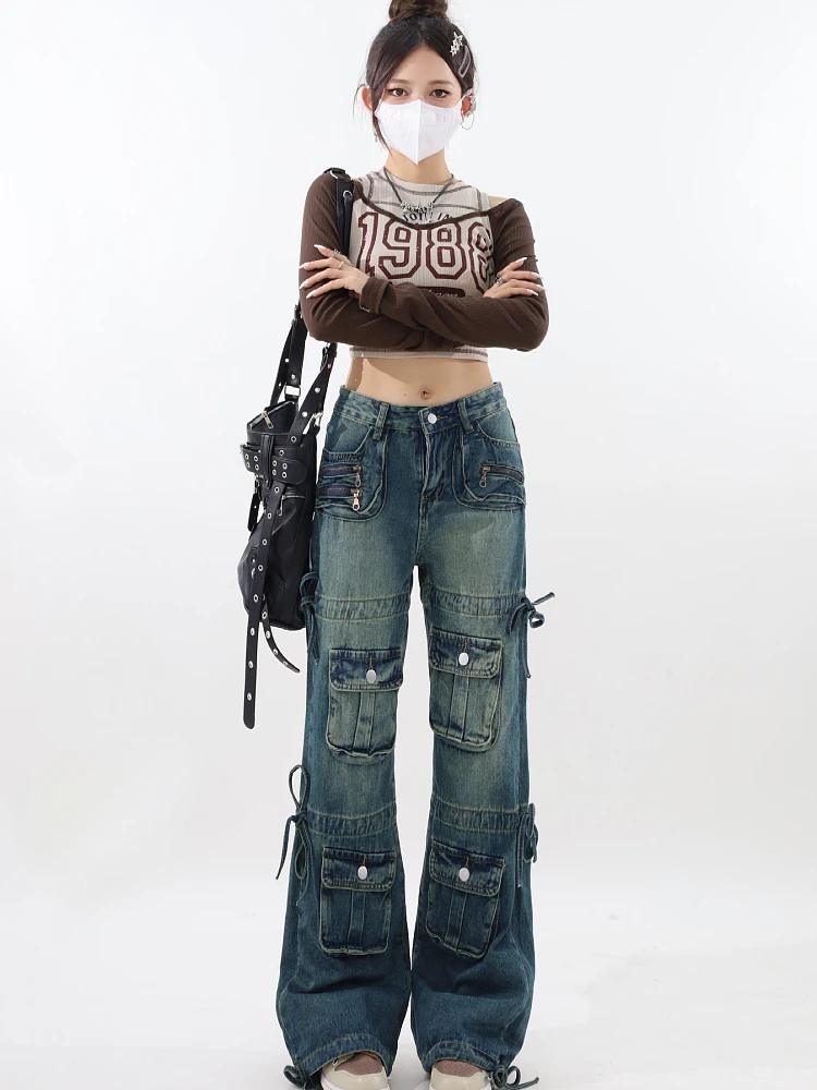 Women\'s Blue Cargo Jeans Y2k Wide Leg Pants High Waist Jeans Korean Aesthetic Fashion Baggy Denim Trouser Vintage Straight Jeans