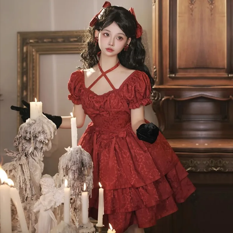 Japanese Original Lolita Style Vestidos De Mujer Short Sleeved Op Three-Section Pettiskirt Red Rojita Dress Y2k Kawaill Clothes