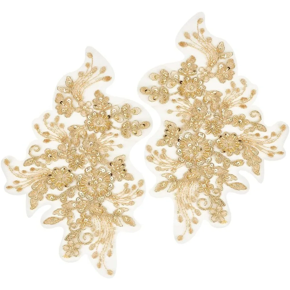 

3D Sequins Embroidered Lace Applique Flowers Sew on Trim Patches Glitter Paillette Bead Floral Collar Pants Jeans Bag Gold