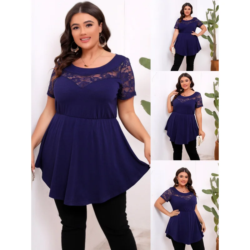 

New European and American Style 2025 Plus Size Women's Elastic Lace Patchwork Waist-Cinching Round Neck Short Sleeve Top