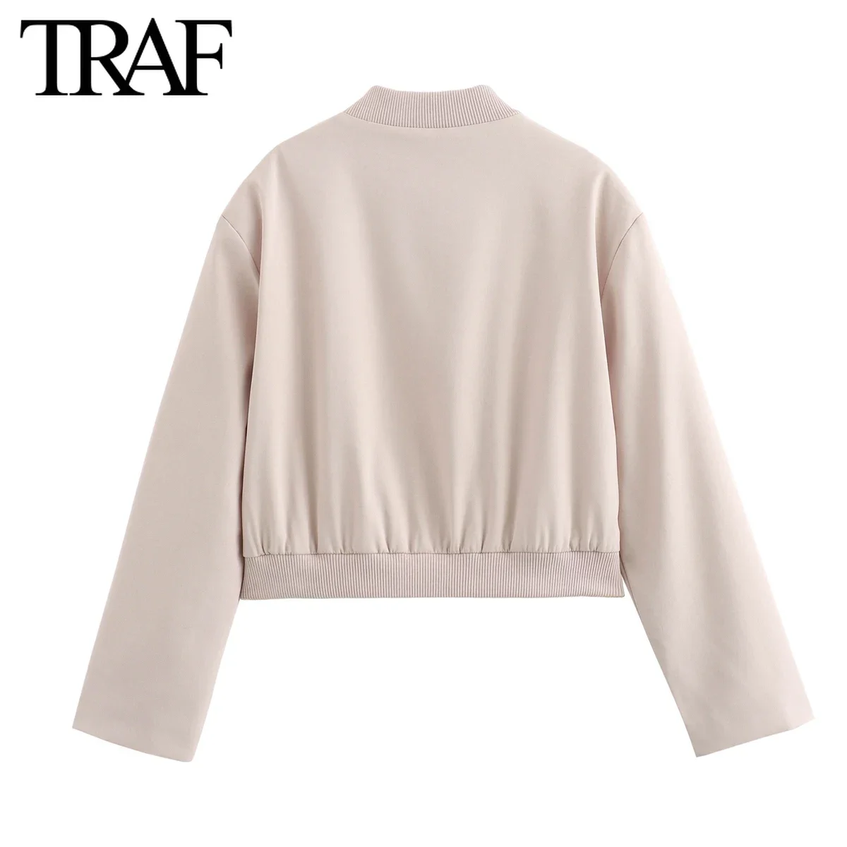 TRAF Women Fashion Autumn Solid Color Loose Pilot Jacket Long-sleeved Single-breasted Stand Collar Short Coats Chic Female Tops