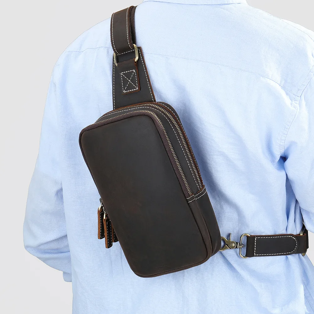 Bolso de pecho de cuero grueso para hombre, bandolera de cuero de vaca Real, bandolera pequeña de un solo hombro