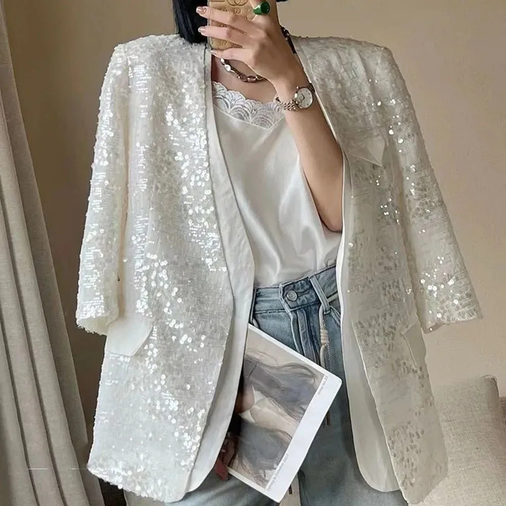 Women\'s Mid Length Shiny Party Casual Sparkling Blazer Top Women New 2023 European V-neck Sequin Tailored Jacket Female Clothing