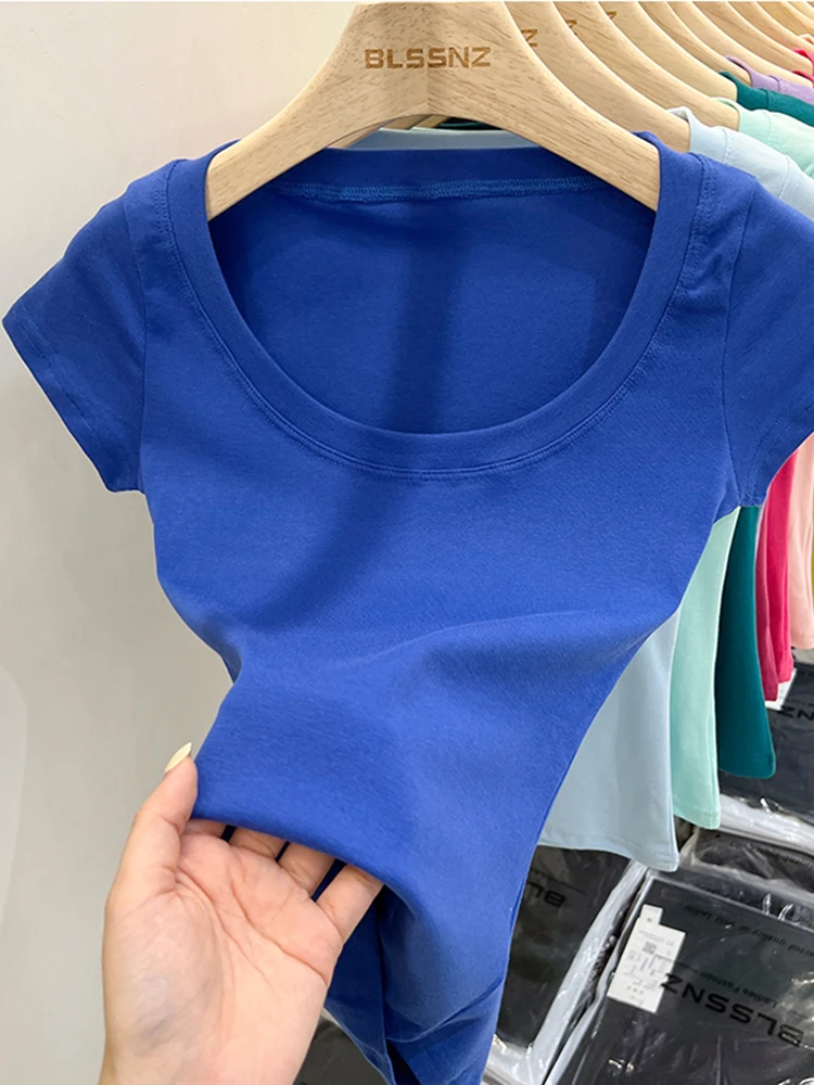 Sexy Square Collar Slim T Shirt Women Cotton Elastic Basic Solid Female Casual Tops Short Sleeve Thin T-shirts See Through