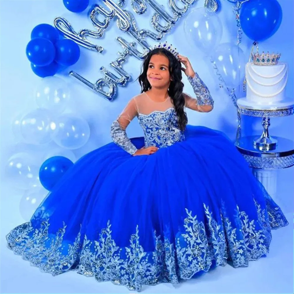 

Luxury Flower Girl Wedding Dress Full Sleeve Appliques Sweep Train Ball Gown Princess Birthday Party Prom First Communion Gown