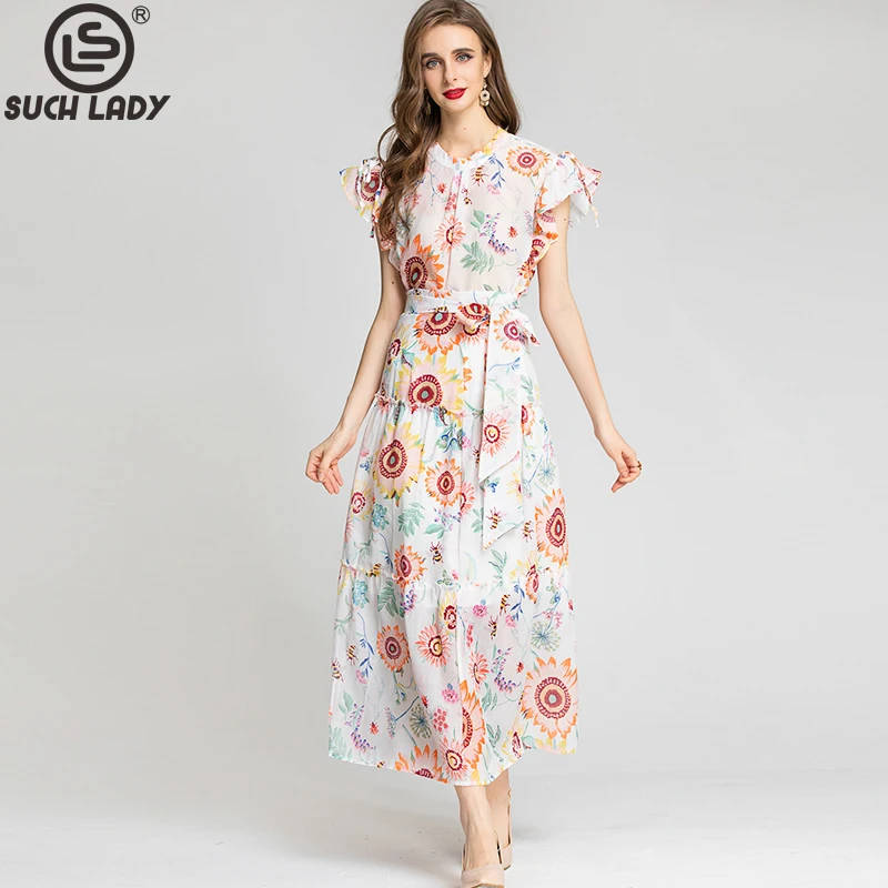 

Women's Runway Dresses O Neck Short Flare Sleeves Printed Lace Up Belt Printed Fashion Designer Long Dress