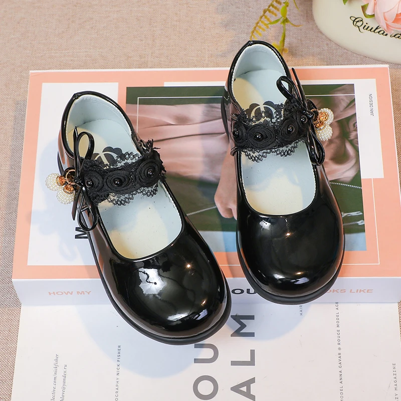 أحذية جلدية للأطفال لامعة من البولي يوريثان باللون الأسود في الحرم الجامعي أحذية للفتيات عصرية من الدانتيل الحلو على طراز الأميرة ماري جين #2